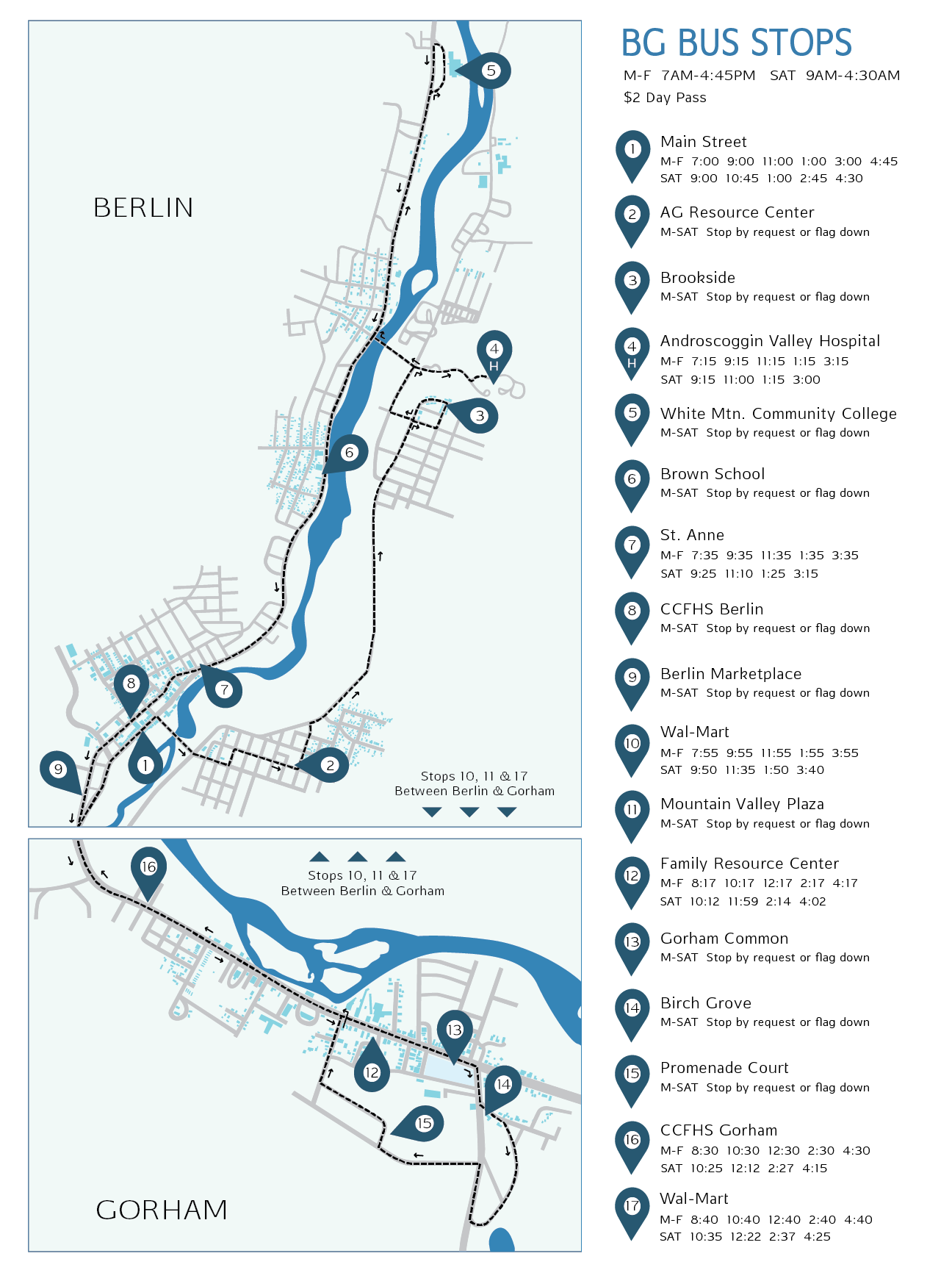 A map of the 17 stops along the Berlin Gorham Flex Route.